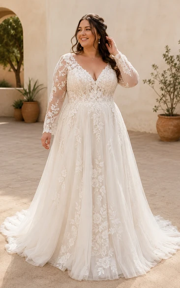 Robe de mariée grande taille à manches longues, col en V, coupe trapèze en tulle et corsage en dentelle