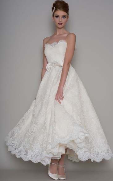 Ankle-Length A-Line Appliqued Strapless Lace Short Wedding Dress With Bow