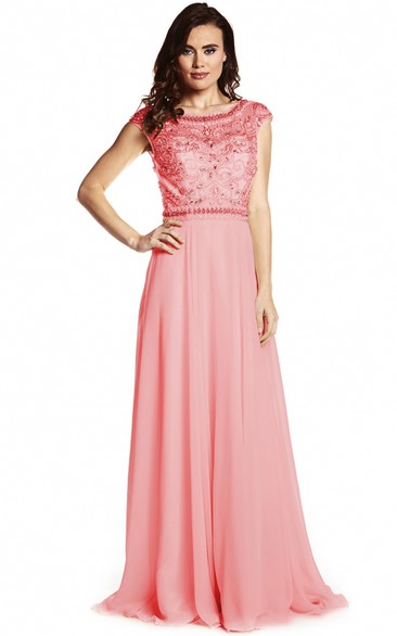 Sheath Cap-Sleeve Floor-Length Scoop-Neck Beaded Prom Dress