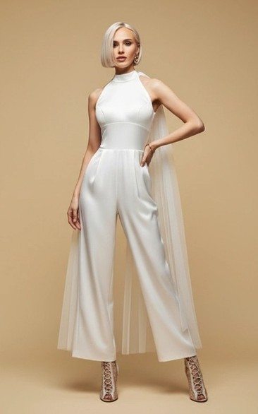 High Neck Sleeveless Backless Wide Leg Wedding Jumpsuit