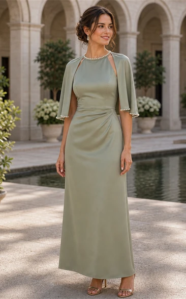 Sage Cape Sleeve Halter Sheath Floor-Length Mother Dress