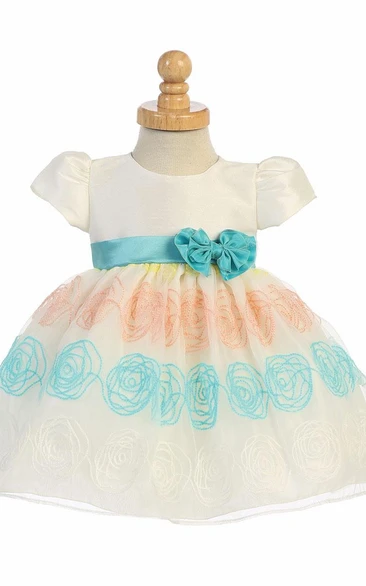 Embroideried Tea-Length Bowed Floral Organza&Taffeta Flower Girl Dress With Ribbon
