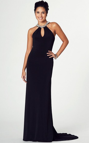 High Neck Sleeveless Beaded Chiffon Prom Dress With Brush Train