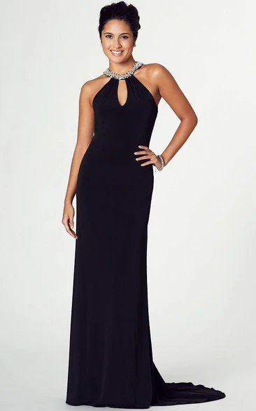 High Neck Sleeveless Beaded Chiffon Prom Dress With Brush Train