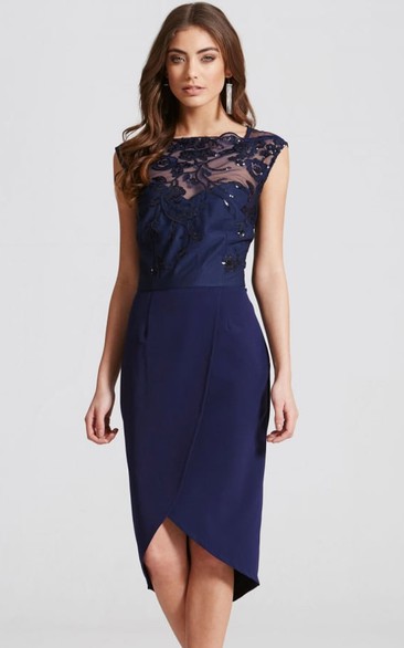 High-Low Pencil Cap Sleeve Appliqued Bateau Neck Chiffon Bridesmaid Dress