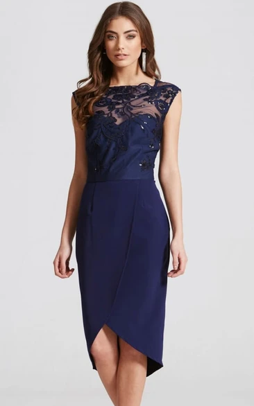 High-Low Pencil Cap Sleeve Appliqued Bateau Neck Chiffon Bridesmaid Dress