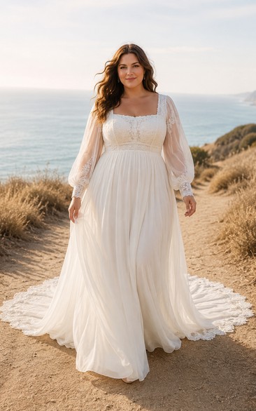 Plus Size elfenbeinfarbenes Strandhochzeitskleid mit eckigem Ausschnitt und Puffärmeln
