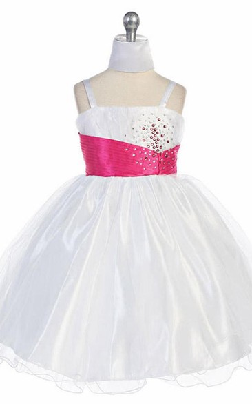 Spaghetti Mini Cap-Sleeve Pleated Tulle Flower Girl Dress With Cape