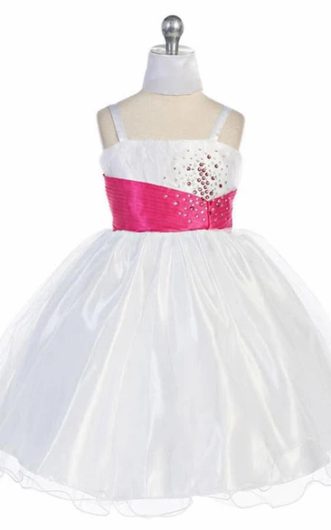 Spaghetti Mini Cap-Sleeve Pleated Tulle Flower Girl Dress With Cape