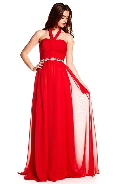 Floor-Length Sleeveless Halter Criss-Cross Chiffon Prom Dress