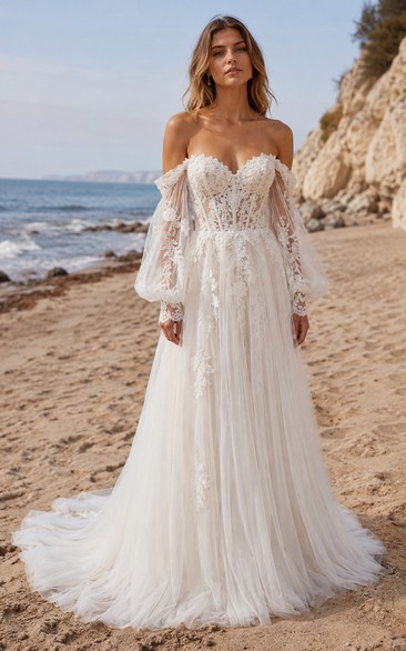 Off Shoulder Lace A-Line Wedding Dress with Bishop Sleeves and Tulle Chapel Train