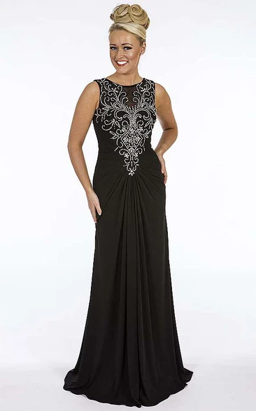 Sheath Sleeveless Beaded Scoop Long Chiffon Prom Dress With Illusion Back And Draping