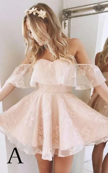 Pink Off-the-Shoulder Lace Dress with Ruffles