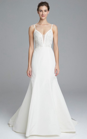 A-Line Sleeveless Lace Spaghetti Long Satin Wedding Dress