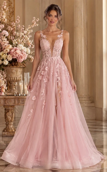 Tulle Prom Dress in Blushing Pink, Spaghetti Strap, V-neck A-Line Floor-Length Gown with Appliques