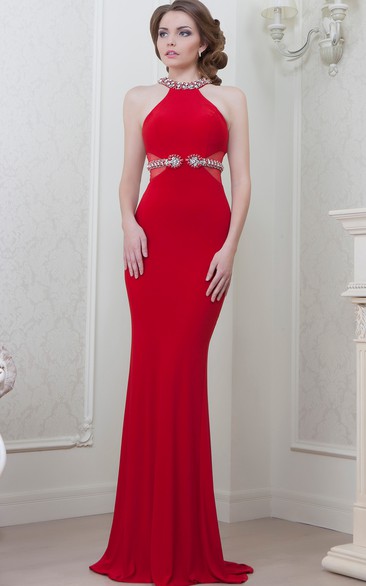 Sheath Floor-Length Sleeveless Scoop-Neck Beaded Jersey Evening Dress