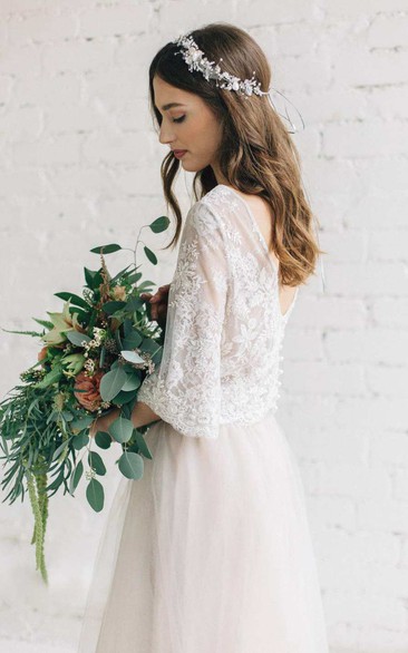 Bateau Lace Half Sleeve A-Line Tulle Dress With Low-V Back - Dorris Wedding