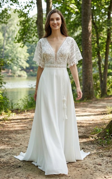 Caped V-Neck Boho Chiffon Wedding Dress