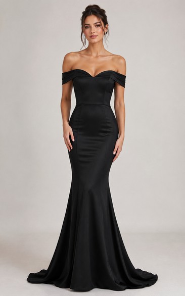 Mermaid Off-the-Shoulder Short Sleeve Stretch Satin Prom Dress with Ruching