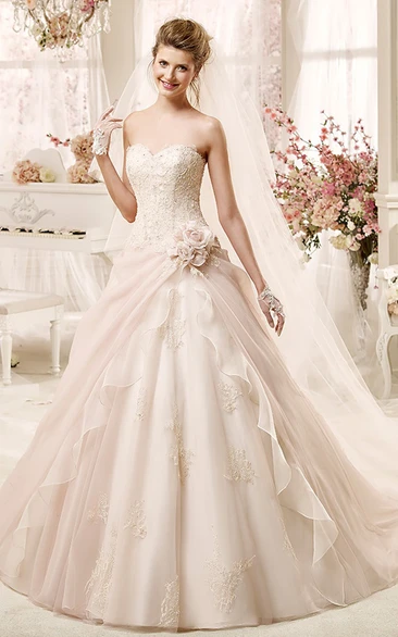 Lovely Sweetheart A-line Dress with Flowers and Asymmetrical Overlayer