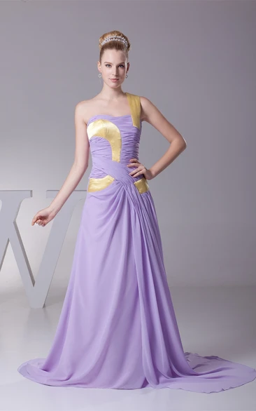 Sleeveless Ruched Maxi Chiffon Dress With Single Strap