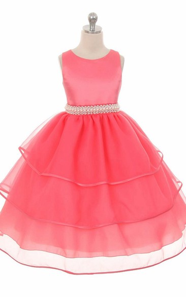 Tea-Length Beaded Sleeveless Organza&Satin Flower Girl Dress
