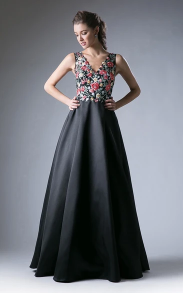 A-Line V-Neck Sleeveless Satin Low-V Back Dress With Embroidery