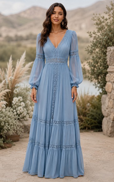 Sky Blue Boho Lace Chiffon A-Line Bridesmaid Dress with Long Puff Sleeves