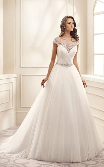 A-Line Cap-Sleeve Scoop-Neck Floor-Length Beaded Tulle Wedding Dress With Criss Cross And Waist Jewellery
