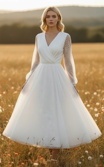 Tea-length Sparkly Long Sleeve Country Vintage Wedding Dress