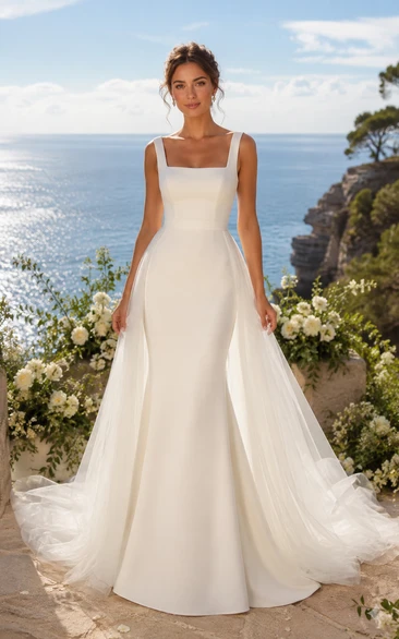 Simple Square Neck Satin A-Line Wedding Dress with Full Skirt and Train