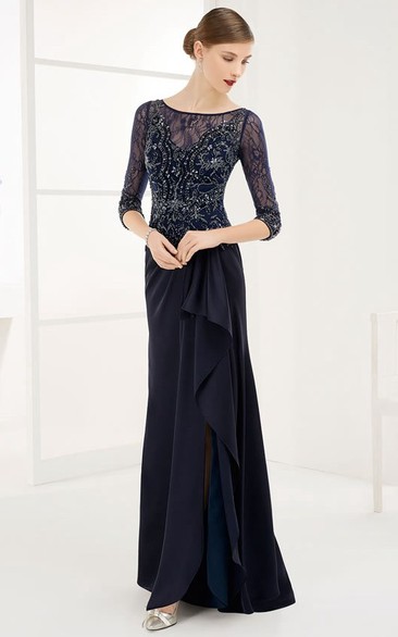 Sheath Floor-Length Beaded Half-Sleeve Scoop-Neck Chiffon Prom Dress ...