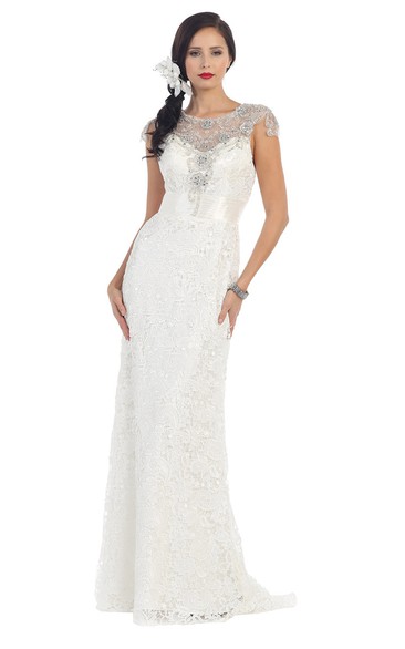 Sheath Long Scoop-Neck Cap-Sleeve Lace Keyhole Dress