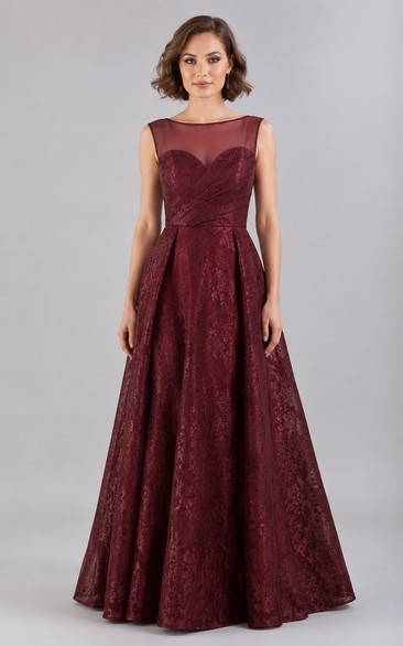 Burgundy Illusion Bateau A-Line Evening Dress with Lace Bodice