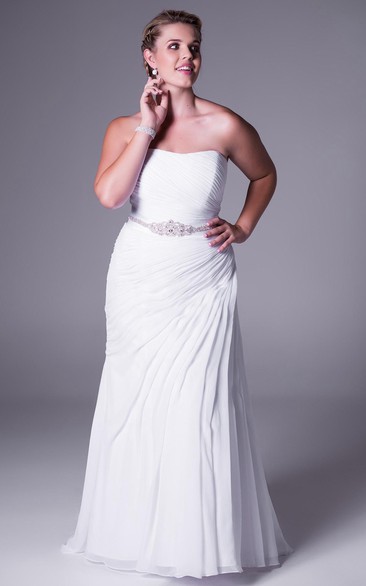 Long Strapless Draped Chiffon Plus Size Wedding Dress With Waist Jewellery And Brush Train