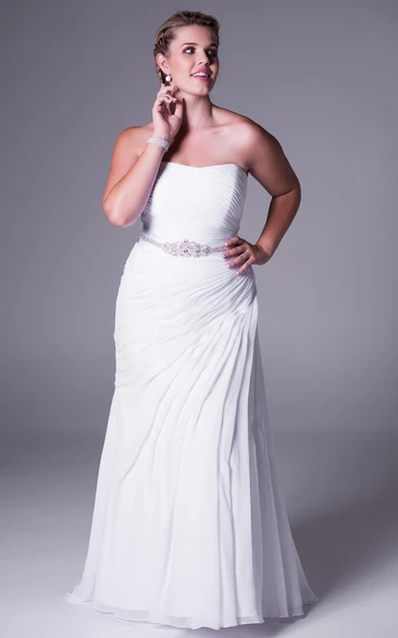 Long Strapless Draped Chiffon Plus Size Wedding Dress With Waist Jewellery And Brush Train