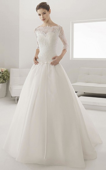 Illusion Bateau Drop Waist Ball Gown With Sash And 3-4 Sleeves