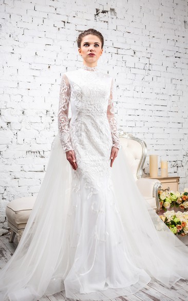 Sheath High Neck Floor-Length Long-Sleeve Lace&Tulle Wedding Dress With Appliques