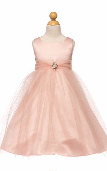 Tea-Length Beaded Tulle&Satin Flower Girl Dress With Broach