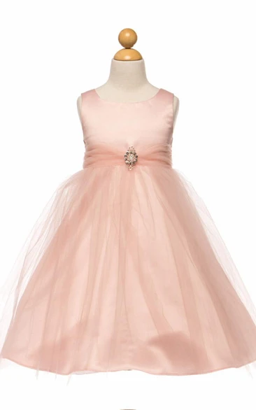 Tea-Length Beaded Tulle&Satin Flower Girl Dress With Broach