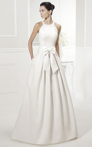 Halter Style Taffeta Bridal Elegance Gown With Bow And Appliques