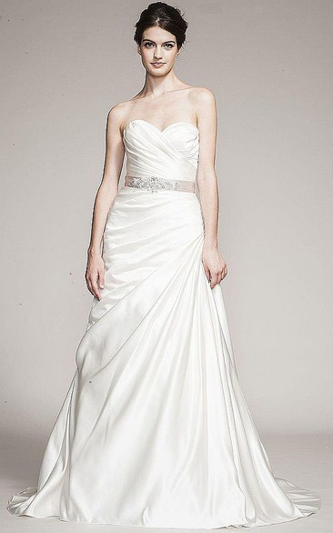 A-Line Sweetheart Jeweled Satin Wedding Dress With Criss Cross And Side Draping