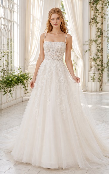 Wedding A-Line Tulle Dress with Square Neck Lace Bodice and Train