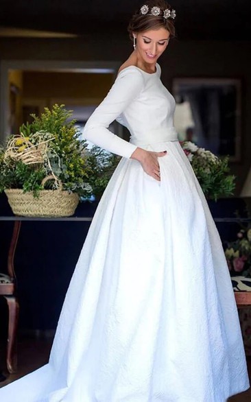 Long Sleeve Simple Low-v Back Satin Wedding Dress