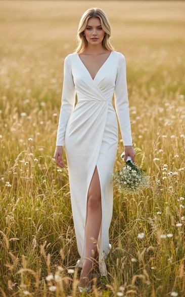 Simple Sheath V-Neck Long Sleeve Slit Wedding Dress