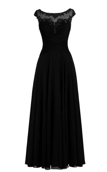 Cap-sleeved A-line Chiffon Dress With Illusion Neckline