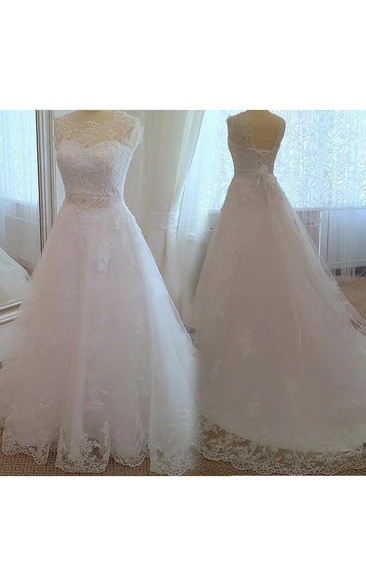 Vintage Scalloped Neckline Lace Gown With Cap Sleeves and Lace-up