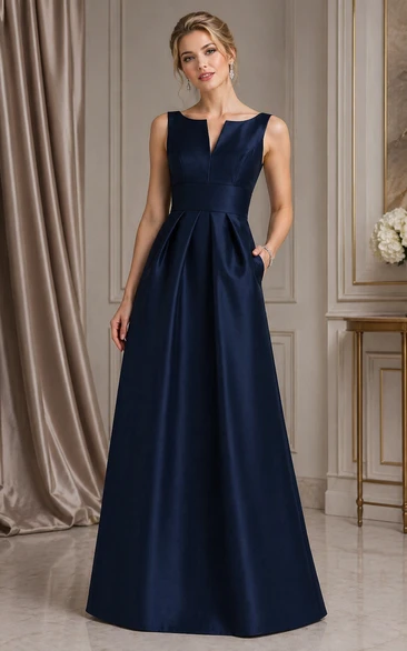 Notch Neck Satin Long Dress with Pleats