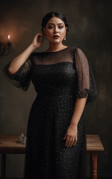 Black Half-sleeve Plus Size Sheath Formal Prom Dress with Beadings