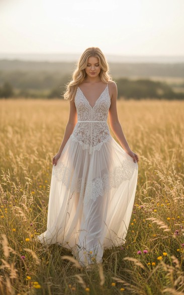 Boho Spaghetti Ethereal Sheer Lace Wedding Dress